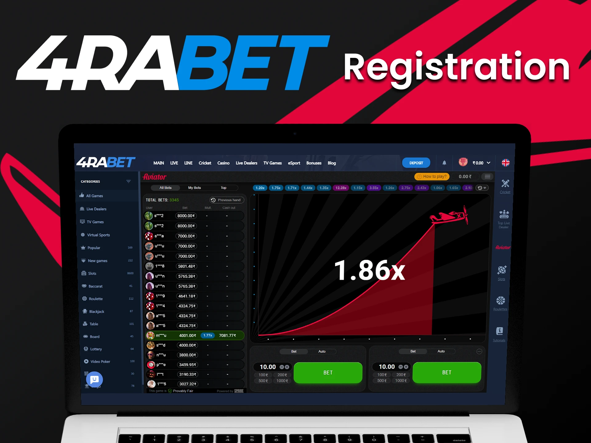 Go through the registration process on 4rabet to start playing Aviator.