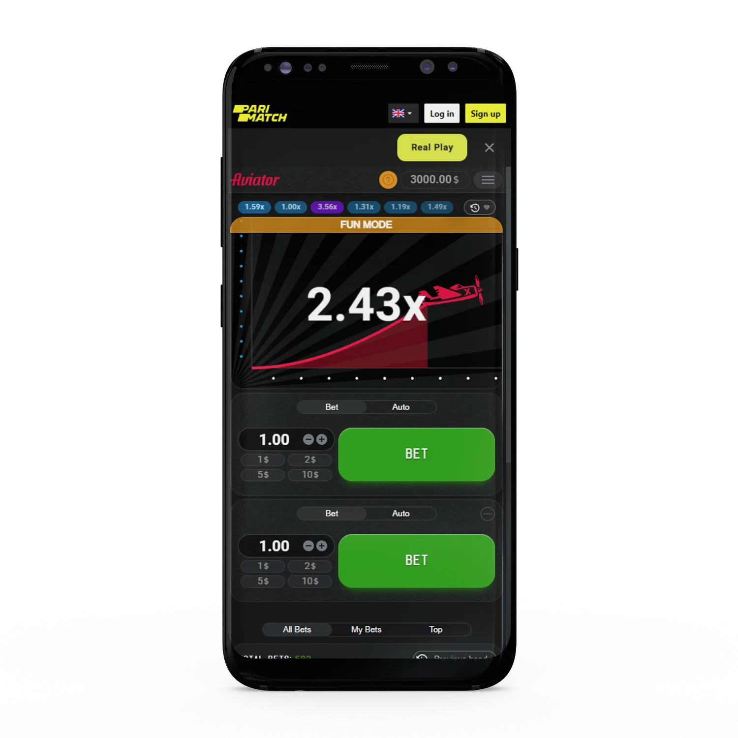 Faça o download do aplicativo Parimatch para jogar Aviator gratuitamente.