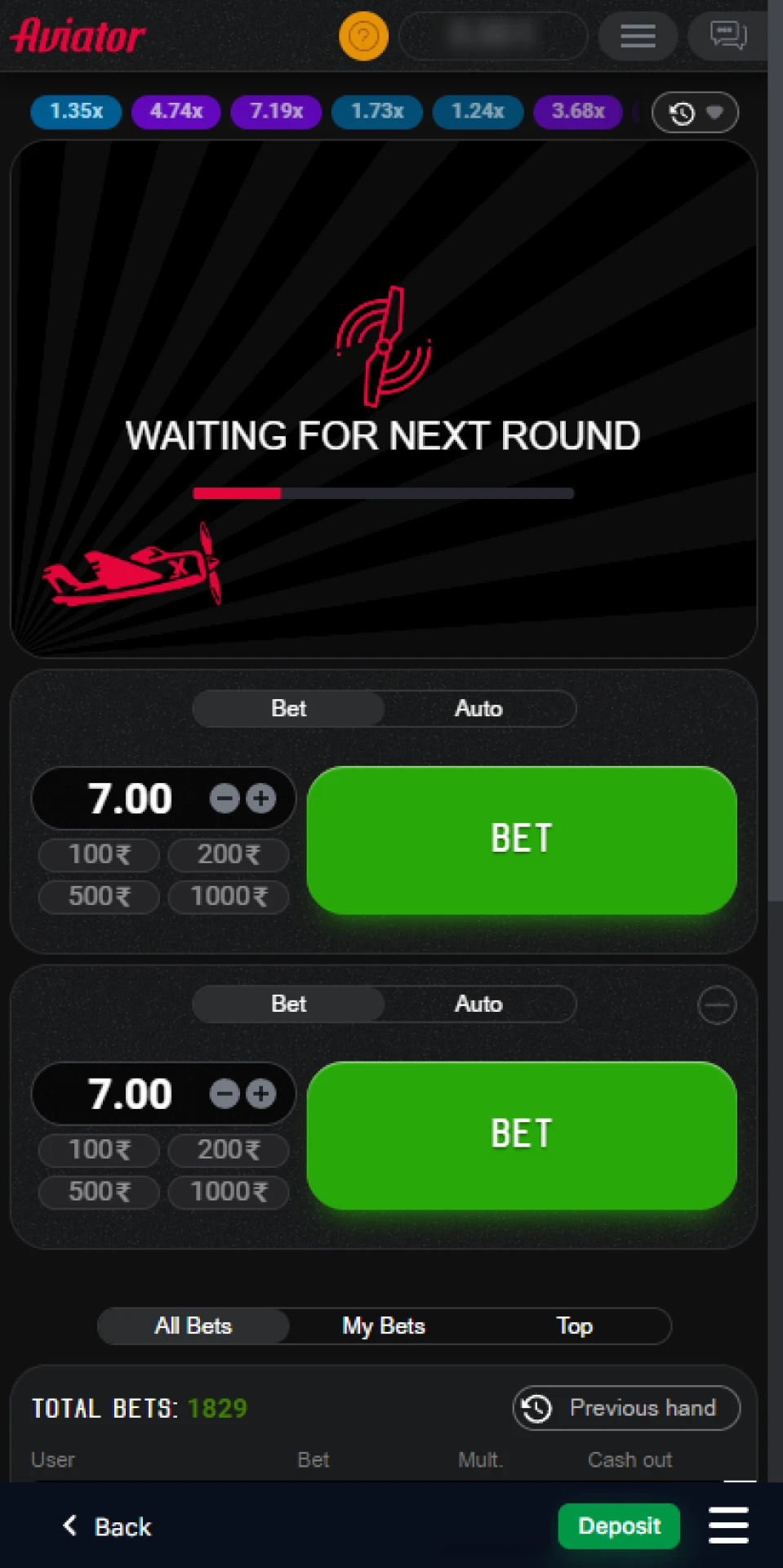 Place a bet on prediction for Aviator.