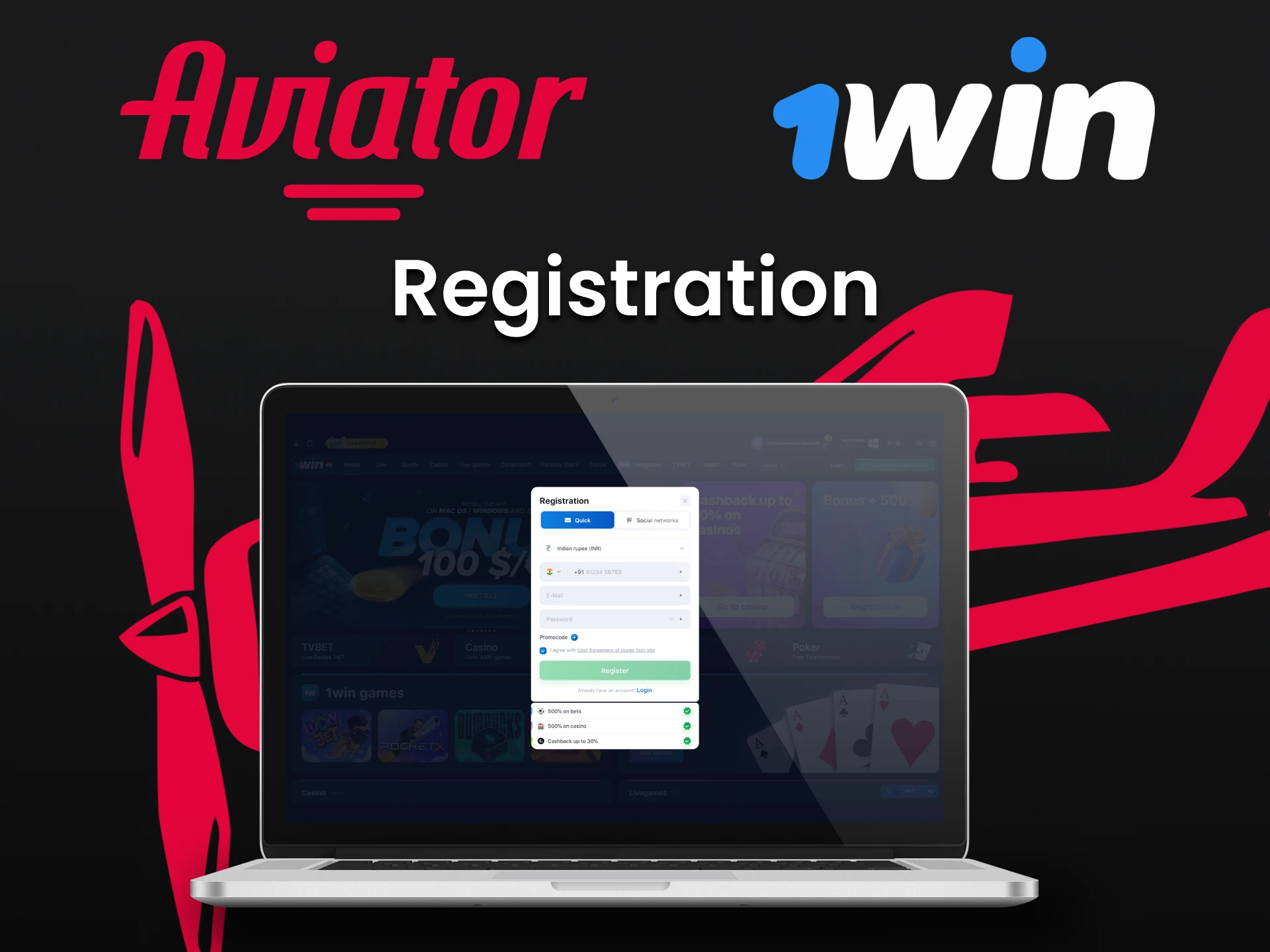 Create an account to start playing Aviator at 1win.